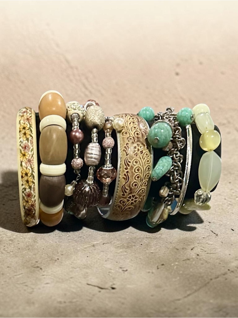Vintage Boho Bracelet Stack Lot - Beaded Bangles Turquoise Floral Chunky Set